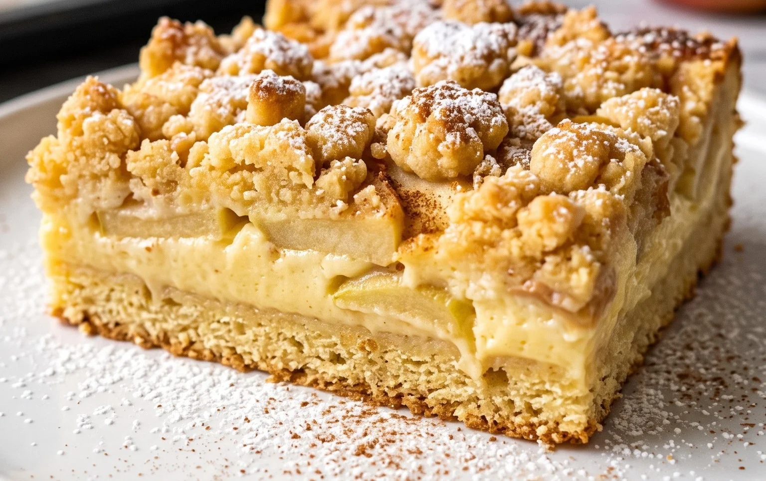 Apfelkuchen vom Blech - mit Pudding und knusprigen Streusel