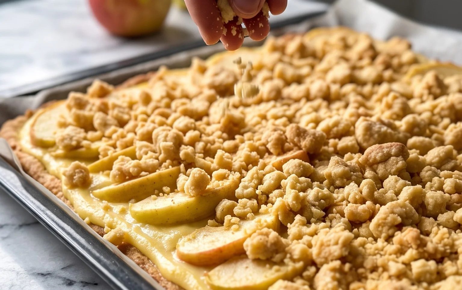 Apfelkuchen Blech: Pudding, Streusel, saftig cremig